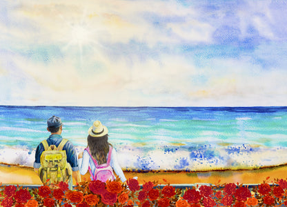 Watercolor Seascape of Couple Travel with Backpack Painting Print 100% Australian Made