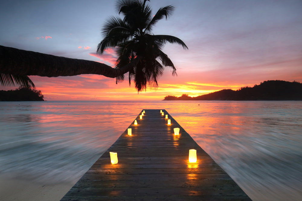 Wooden Pier at Romantic Sunset with Candles Photograph Print 100% Australian Made