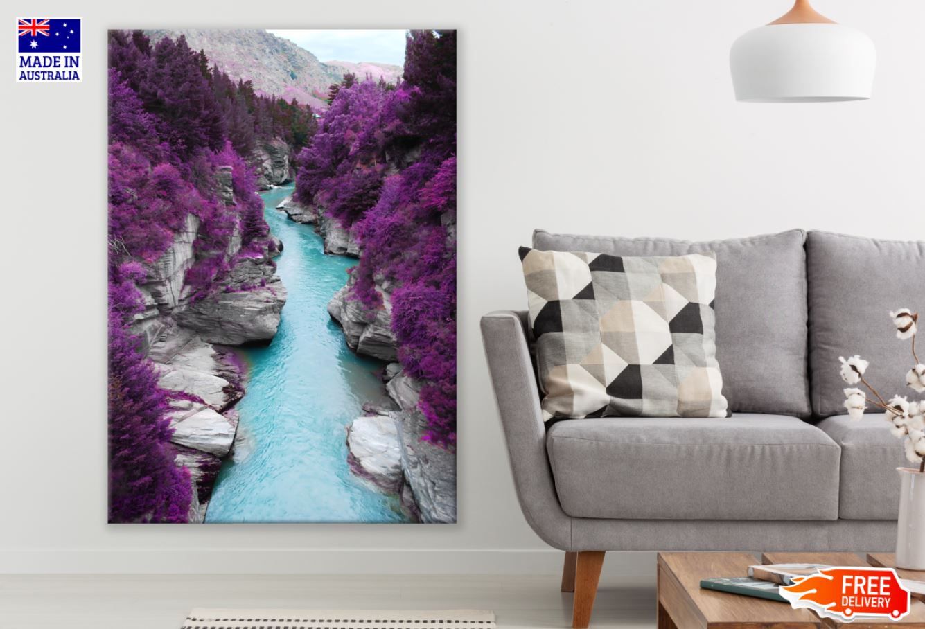 Purple Pine Forest & Blue Water Stream Photograph Print 100% Australian Made