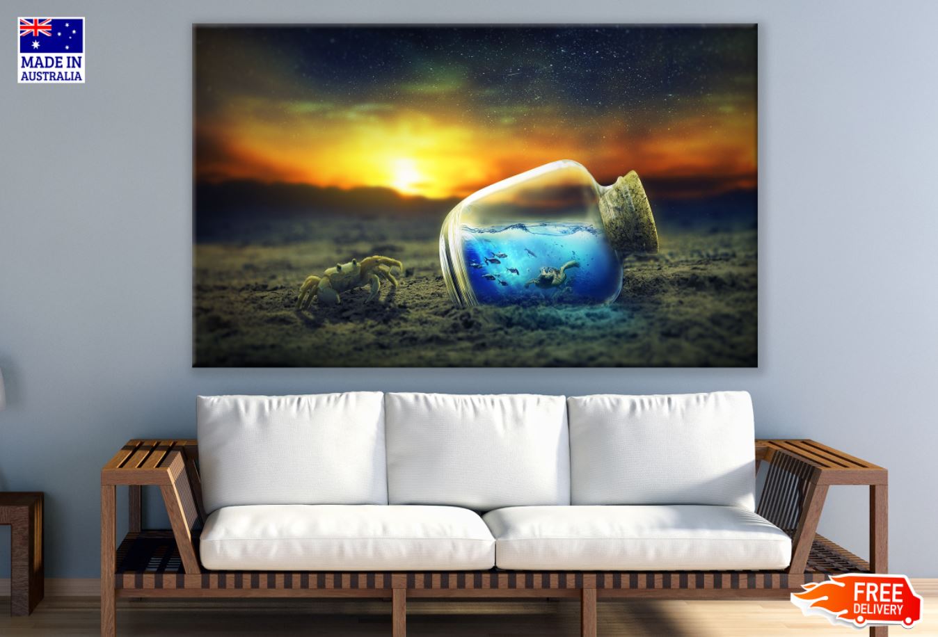 Crab & Bottle with Sea Digital Print 100% Australian Made