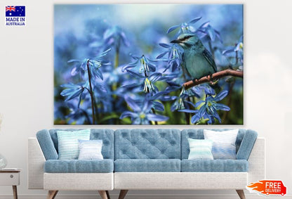 Blue Bird & Blue Flowers Closeup Photograph Print 100% Australian Made