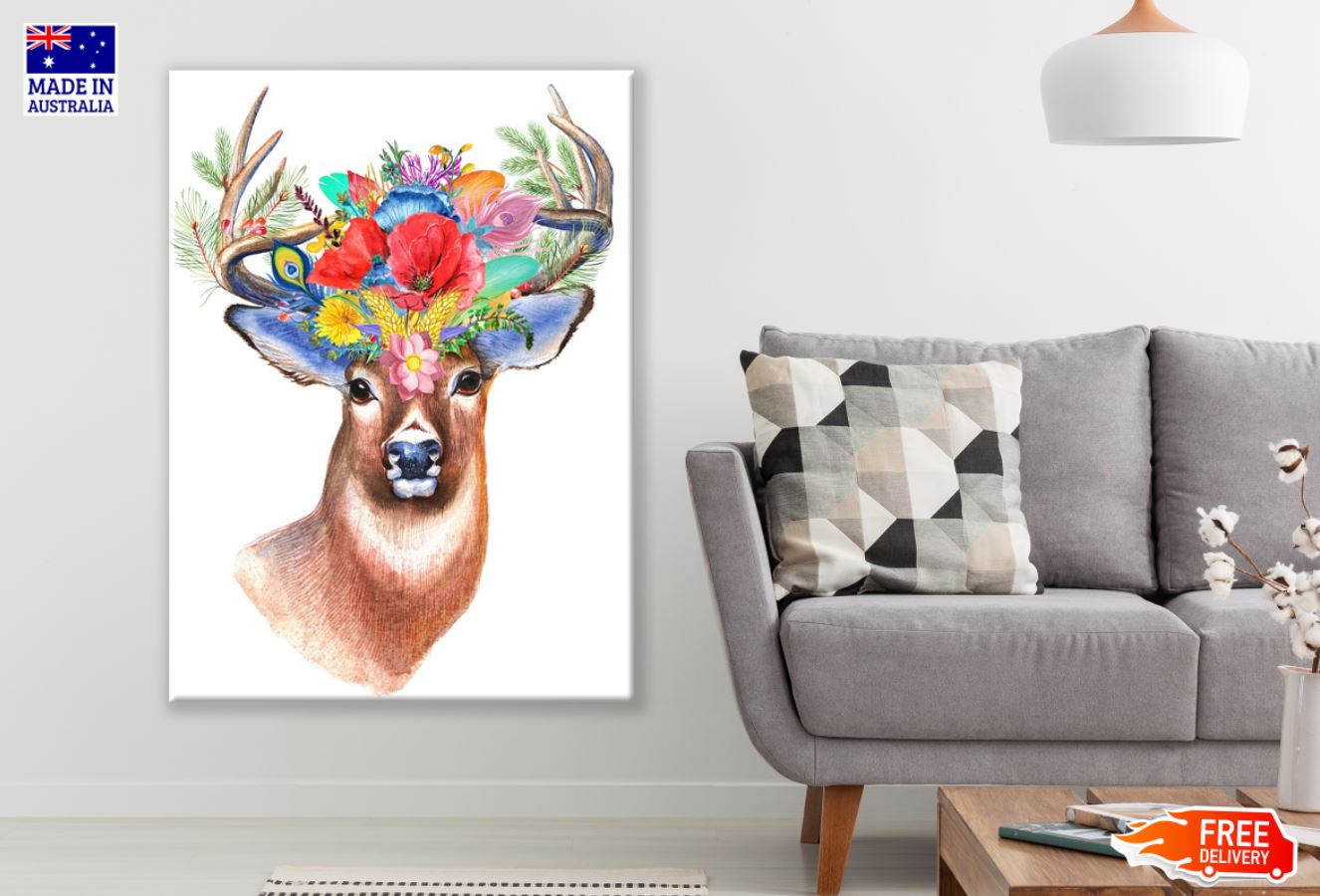 Deer Face with Flowers Watercolor Print 100% Australian Made