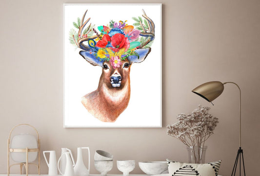 Deer Face with Flowers Watercolor Home Decor Premium Quality Poster Print Choose Your Sizes