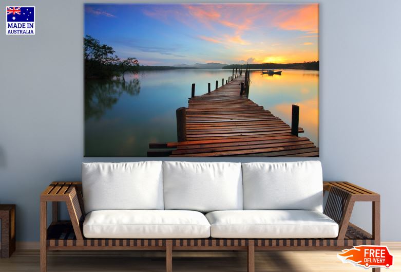 Wooden Pier Over Lake Sunset Scenery Photograph Print 100% Australian Made